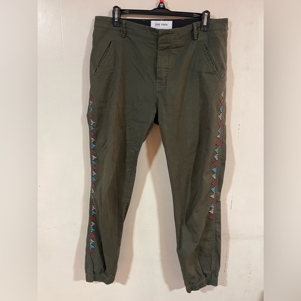 Jimi Roos Designer Army Green Embroidered Jogger Pants Women’s size 33 W